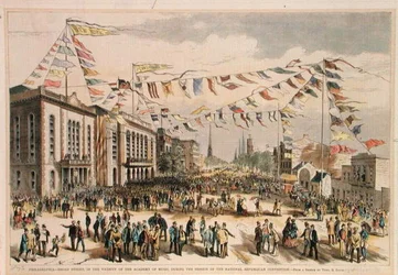 Convención Nacional Republicana, Broad Street, Filadelfia, de «Philadelphia-Broad Street, in the Vicinity of the Academy of Music», de la revista «Harper