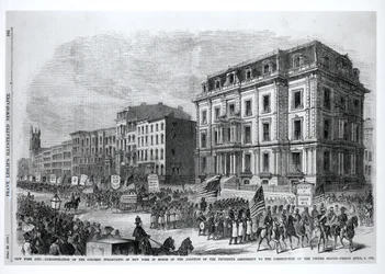 Ciudad de Nueva York: Manifestación de los habitantes de color de Nueva York en honor a la adopción de la Decimoquinta Enmienda a la Constitución de los Estados Unidos, 8 de abril de 1870, de 