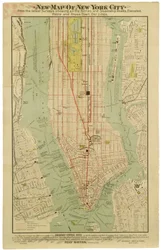 Nuevo mapa de la Ciudad de Nueva York de los últimos estudios mostrando todos los transbordadores y muelles de barcos de vapor, líneas elevadas, subterráneas y de tranvías eléctricos