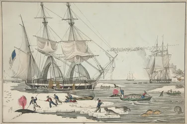 Pesca de ballenas en el Mar del Norte, pub. 1860 (litografía en color)