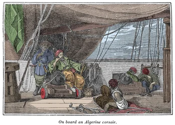 A bordo de un barco de piratas argelinos. Ilustración de “El libro propio de los piratas, narrativas auténticas de los más célebres ladrones de mar” de Charles Ellms, Boston 1837