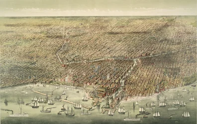 Vista panorámica de la ciudad de Chicago, pub. 1892 (litografía en color)