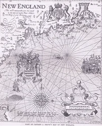Parte del mapa del Capitán J Smith de Nueva Inglaterra, ilustración de la Historia de los Estados Unidos de Cassell, publicada por Petter & Galpin c.1890