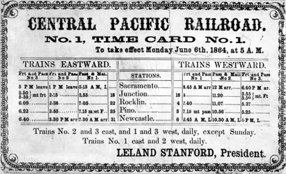Impresión fotográfica del horario original de la Central Pacific Railroad Company para el 6 de junio de 1864, 1864
