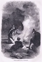 Padres peregrinos alrededor de una fogata, ilustración de la Historia de los Estados Unidos de Cassell, pub. por Petter & Galpin c.1890