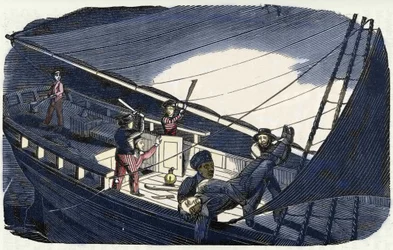El pirata Charles Gibbs (principios del siglo XIX) mata al capitán Thornby y lo arroja al mar. Grabado de "The pirate own book" 1837.