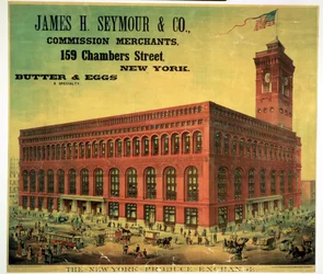 Póster publicitario de James H. Seymour & Co. en el New York Produce Exchange, grabado por Sacket, Wilhelms y Betzig, c.1885