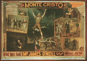 Póster publicitario de Mr James ONeill como Edmond Dantes, en la versión de Charles Fichter de El Conde de Montecristo