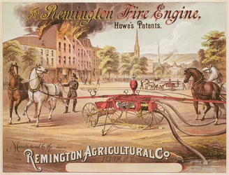 Póster publicitario del Remington Fire Engine fabricado por Remington Agricultural Company, c.1890