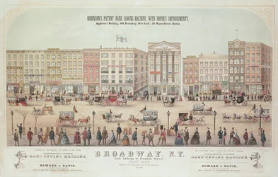 Póster de una vista de Broadway, desde Anthony hasta Franklin Street, publicitando la Máquina de Coser Manual Patentada de Robinson, 1855