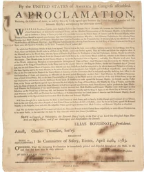 Proclamación del Congreso declarando el cese de armas y el fin de la guerra, 24 de abril de 1783