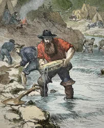 Buscadores de oro lavando arena durante la Fiebre del Oro de California de 1849