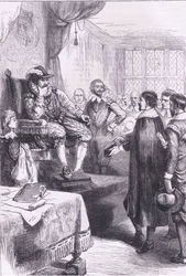 Puritanos ante Jacobo I, ilustración de la Historia de los Estados Unidos de Cassell, publicada por Petter & Galpin c.1890