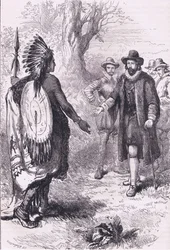 Recepción de un guerrero Naragansett, ilustración de la Historia de los Estados Unidos de Cassell, publicada por Petter & Galpin c.1890