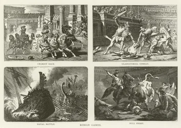 Juegos romanos, carrera de carros, combate de gladiadores, batalla naval, corrida de toros