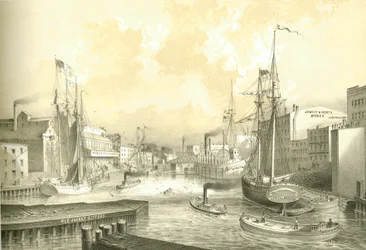 Puente de Rush Street, vista desde State Street, de Chicago Illustrated, con descripciones literarias de James W. Sheahan, publicado por Jevne & Almini, Chicago, 1866-67