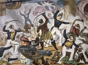 Marineros de la Royal Navy abordando un barco pirata argelino, c.1820