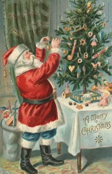 Papá Noel decorando un árbol de Navidad