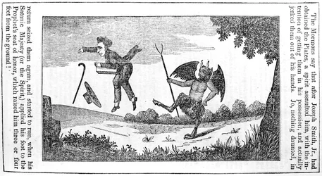 Satanás pateando a Joseph Smith (1805-44) de la última página del Almanaque Anti-Mormón de 1842