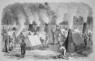 Escena en la vida del campamento - arquitectura de chimeneas - los soldados federales en sus fogatas