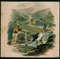 Escena en la rama del Sacramento en 1597, ilustración de California, su historia pasada, su posición actual, sus perspectivas futuras por G.A. Fleming, 1850