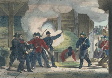 Captura y muerte del asesino Wilkie Booth, c.1865 (impresión en color)
