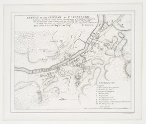 Boceto de la escaramuza en Petersburg: entre el Ejército Real bajo el mando del Mayor Gel. Phillips y el ejército americano comandado por el Mayor Genl. Steuben en el que estos últimos fueron derrotados, 25 de abril de 1781