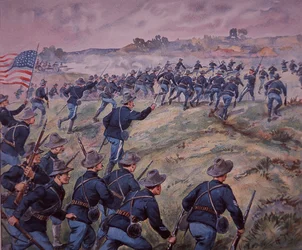Guerra Hispanoamericana de 1898, tropas estadounidenses asaltan las alturas de San Juan en Cuba (litografía en color)