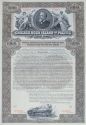 Certificado de bono de muestra por 1000 dólares para la Compañía de Ferrocarriles de Chicago, Rock Island y Pacific, 1898