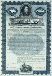Certificado de bono de muestra por 1000 dólares para la Compañía de Ferrocarriles de Nueva York Central y del Río Hudson, c.1900