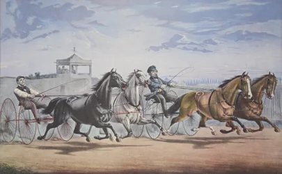 Stella y Alice Grey - Linterna y Ballena, Pasando el Stand (En su gran carrera en Doble Arnés sobre el Union Course L.I. 5 de junio de 1855)