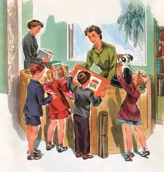 Alumnos en la biblioteca escolar, c.1950 (serigrafía)