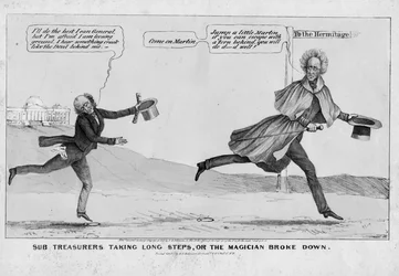 Sub tesoreros dando grandes pasos, o, El mago se derrumbó, publicado por H R Robinson, Nueva York, 1838