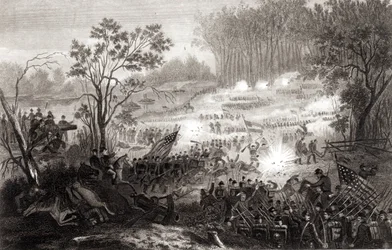La batalla en Pittsburg Landing, grabado por H. B. Hall, 1862