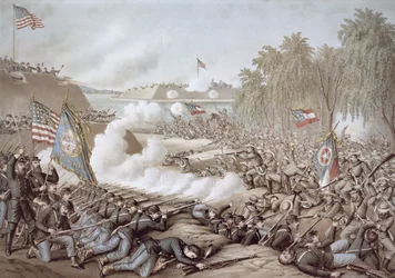 La Batalla de Corinto, 3-4 de octubre de 1862, mostrando banderas del Norte y del Sur, por Kurz & Allison