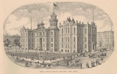 El Palacio de Justicia antes del Incendio, impreso por Moss Engraving Co., Nueva York, ilustración de la Historia de Chicago vol. 2 por Alfred Theodore Andreas, publicado en 1885