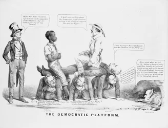 "La Plataforma Democrática" caricatura política comentando la posición del partido demócrata sobre la esclavitud, c.1856