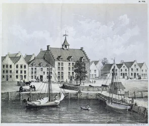 El Stadthuys de Nueva York en 1679, esquina de Pearl Street y Coentijs Slip, del Diario de un viaje a Nueva York en 1679-80 por Jasper Danckaerts (n.1639) y Peter Sluyter (1645-1722), publicado en 1867