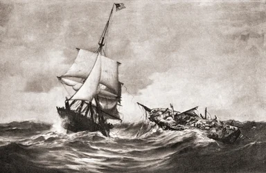 La captura del HMS Frolic por la balandra de guerra USS Wasp, una acción naval librada en el Atlántico el 18 de octubre de 1812, durante la Guerra de 1812, de "The History of Our Country", publicado en 1905 (litografía).