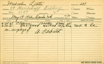 Registro de servicio del empleado Malcolm X (1925-65)