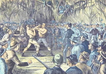 El último combate de boxeo a puño limpio por el campeonato en 1889, John L. Sullivan contra Jake Kilrain en Richburg, Mississippi