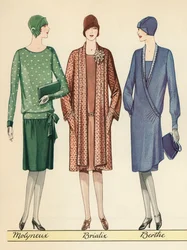 Tres flappers modelando atuendos de diseñador francés