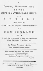 Portada de Una vista concisa e histórica de las dificultades, penurias y peligros que acompañaron la plantación y los progresos de Nueva Inglaterra, 1770