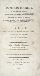 Página de título de Cocina americana, escrita por Amelia Simmons, publicada por Hudson & Goodwin, 1796
