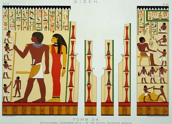 Tumba 24, Cámara Sepulcral No. 2, de Gizeh, Volumen II, lámina XV de Egipto Antiguo por Samuel Augustus Binion, publicado en 1887