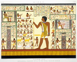 Tumba 24, Cámara Sepulcral No. 2a, de Gizeh, Volumen II, lámina XIV de Vol 2 Egipto Antiguo por Samuel Augustus Binion, publicado 1887 (cromolitografía tintada)