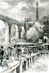 Turistas regresando a su vapor en el río Harlem, con el Puente Alto a la izquierda, grabado por W.A Rogers para Harpers Weekly, 24 de julio de 1880