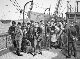 Oficiales de salud del gobierno de EE.UU. en un barco de emigrantes, Quarantine Point, Nueva York