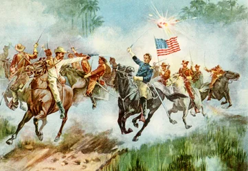 Jinetes rudos de EE.UU. atacando un puesto avanzado español en Cuba durante la Guerra Hispanoamericana, 1898