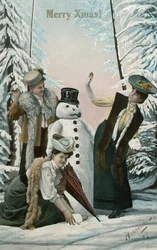Mujeres victorianas jugando con un muñeco de nieve